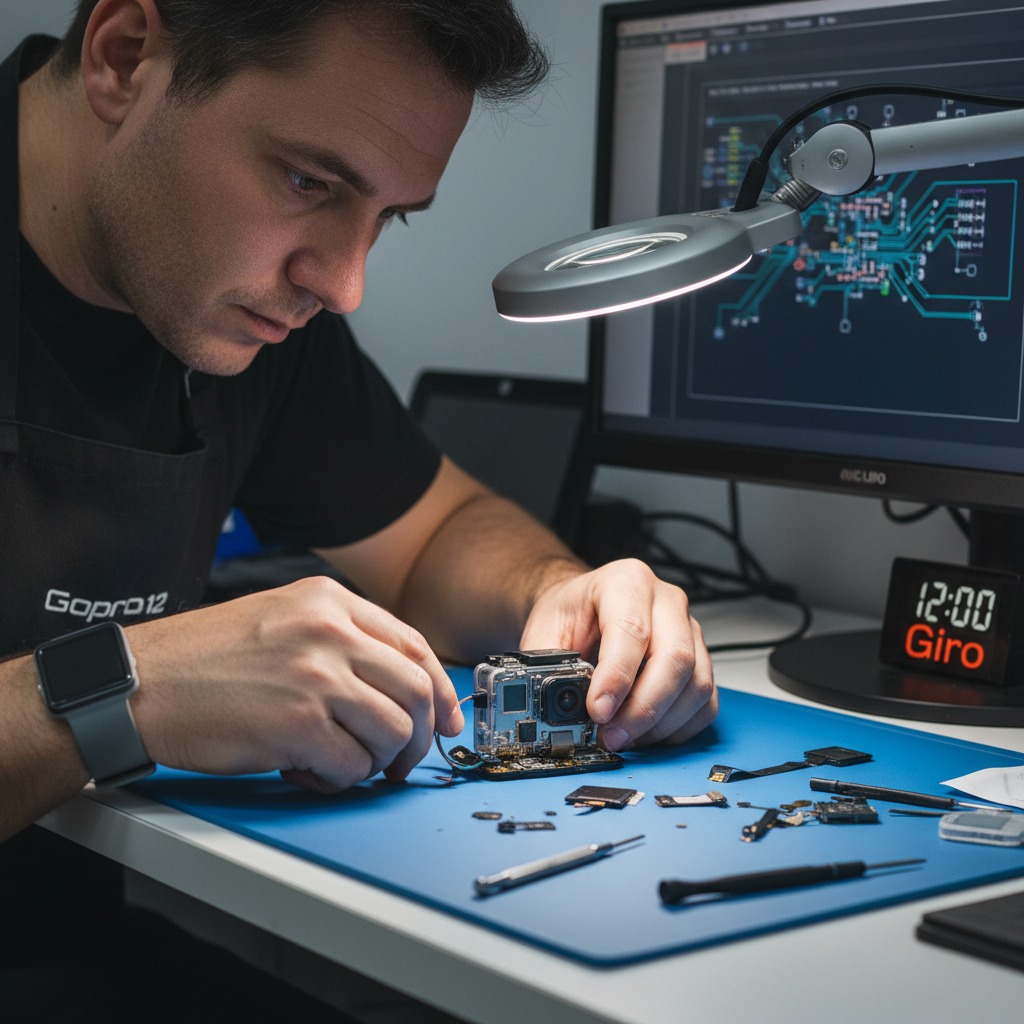 tecnico reparando una camara GoPro giro 12