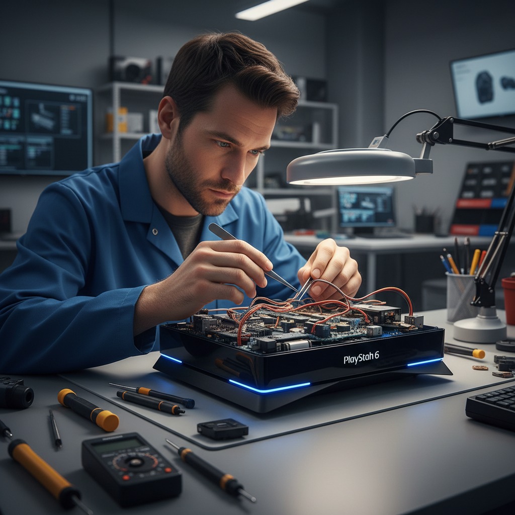 tecnico reparando una consosla playsatation 6
